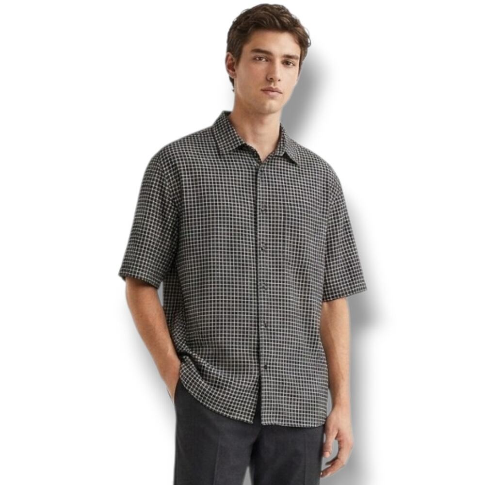 H&M Relaxed Fit Black & White Windowpane Linen-Blend Shirt – Large